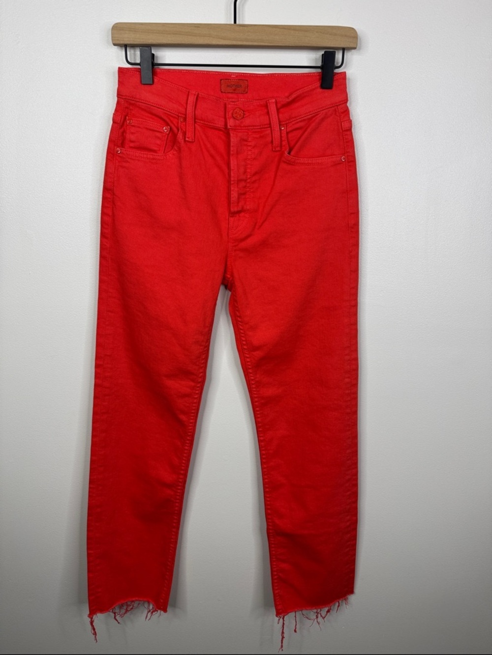 MOTHER Denim The Tomcat Ankle Fray Play Date Soft Tomato Red Raw Hem Denim 27